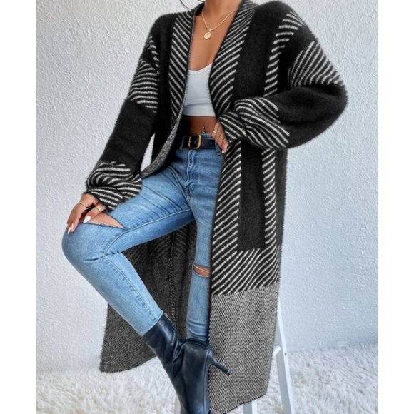 . Sweaters - black open front striped print fuzzy sweater knit duster cardigan